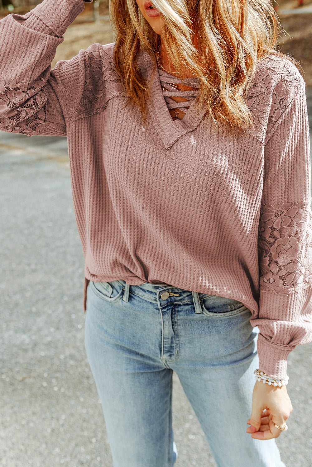 Pink Lace Waffle Patchwork Strappy V Neck Long Sleeve Top - Premium Tops from Momma Done Gone Crafty- Just $38.40! Shop now at Momma Done Gone Crafty