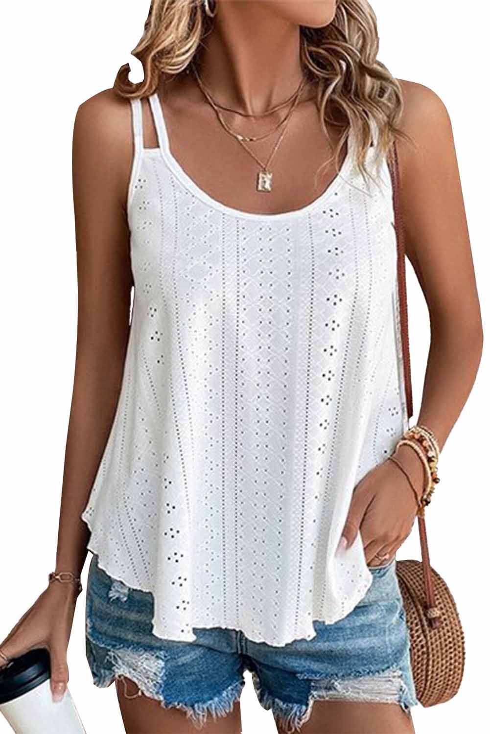 White Eyelet Strappy Scoop-Neck Tank Top - Premium Tops from Momma Done Gone Crafty- Just $12.00! Shop now at Momma Done Gone Crafty