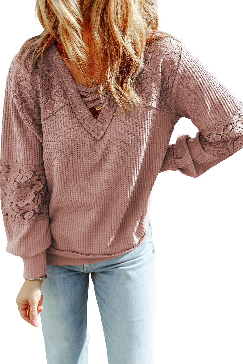 Pink Lace Waffle Patchwork Strappy V Neck Long Sleeve Top - Premium Tops from Momma Done Gone Crafty- Just $38.40! Shop now at Momma Done Gone Crafty