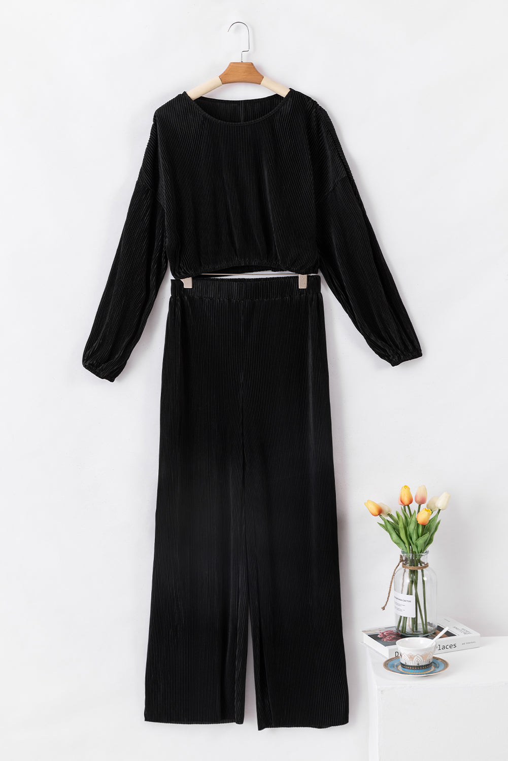 Black Corded Cropped Pullover and Wide Leg Pants Set - Premium Loungewear from Momma Done Gone Crafty- Just $65.94! Shop now at Momma Done Gone Crafty