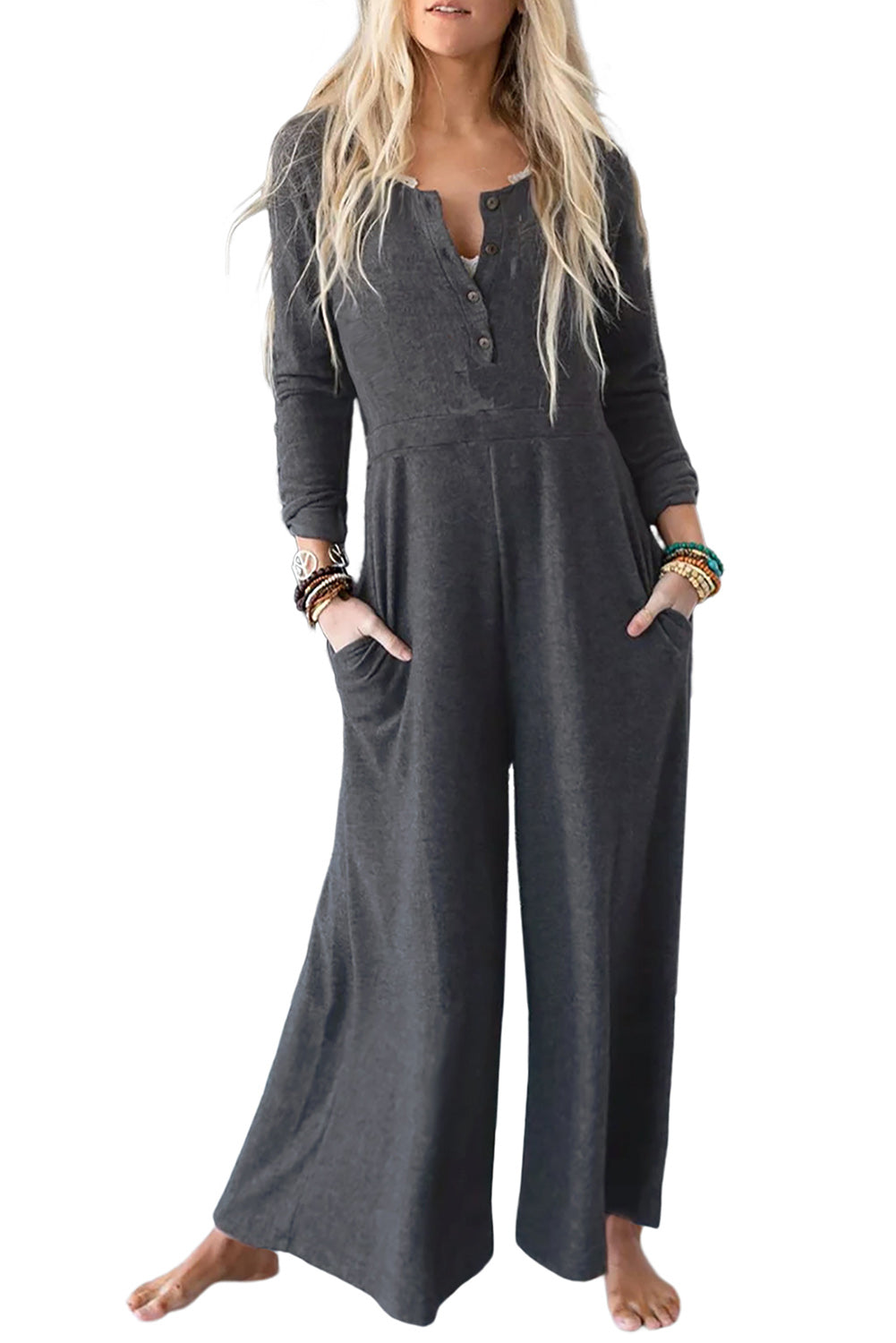 Gray Button Long Sleeve Wide Leg Jumpsuit - Premium Bottoms from Momma Done Gone Crafty- Just $49.20! Shop now at Momma Done Gone Crafty