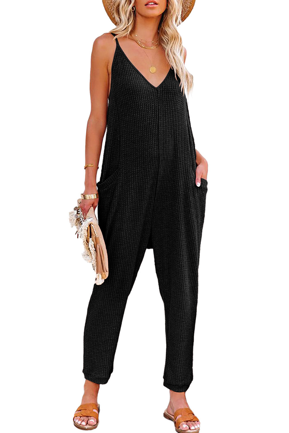 Black Textured Sleeveless V-Neck Pocketed Casual Jumpsuit - Premium Bottoms from Momma Done Gone Crafty- Just $26.99! Shop now at Momma Done Gone Crafty