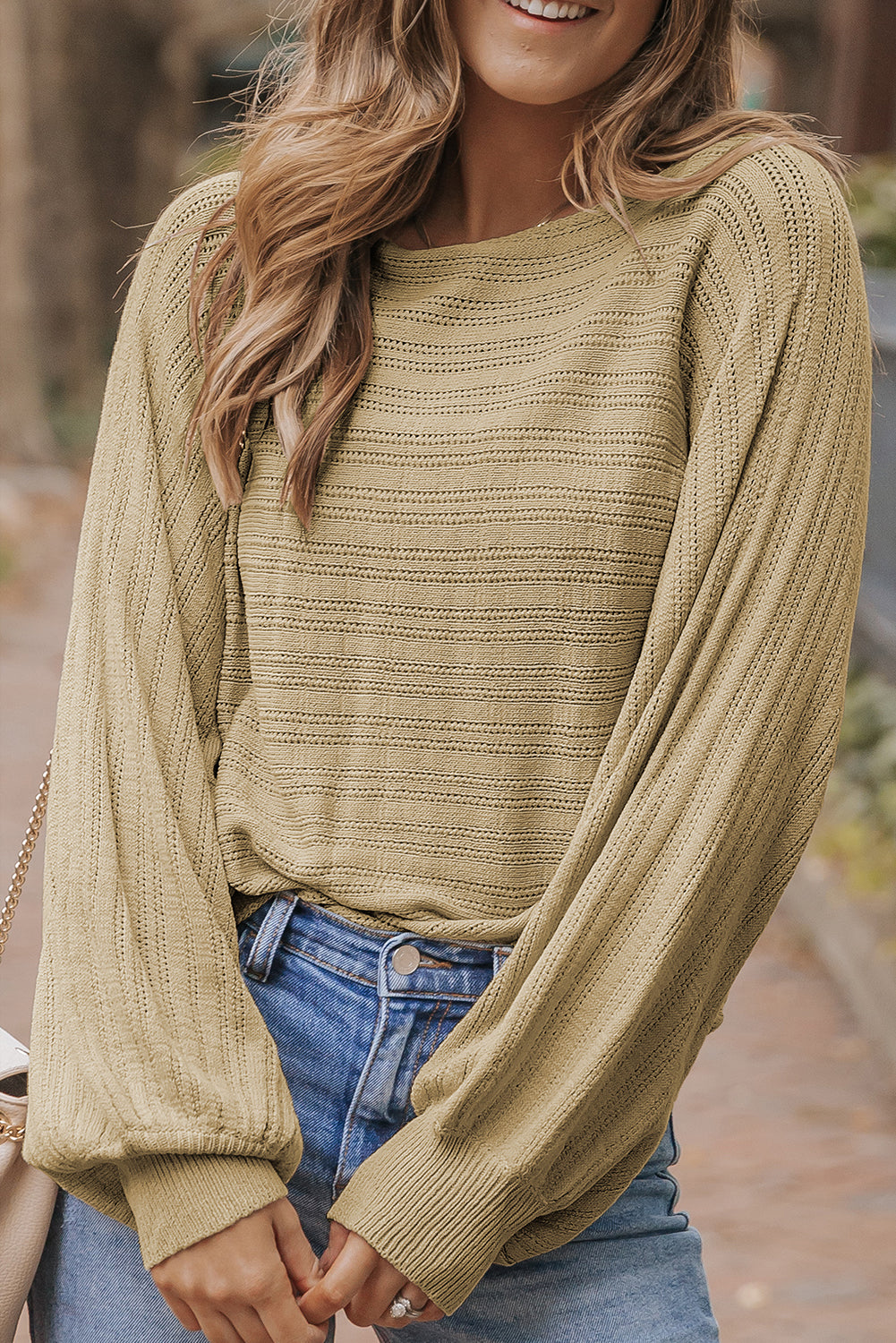 Apricot Lantern Sleeve Eyelets Textured Knit Sweater - Premium Tops from Momma Done Gone Crafty- Just $37.20! Shop now at Momma Done Gone Crafty