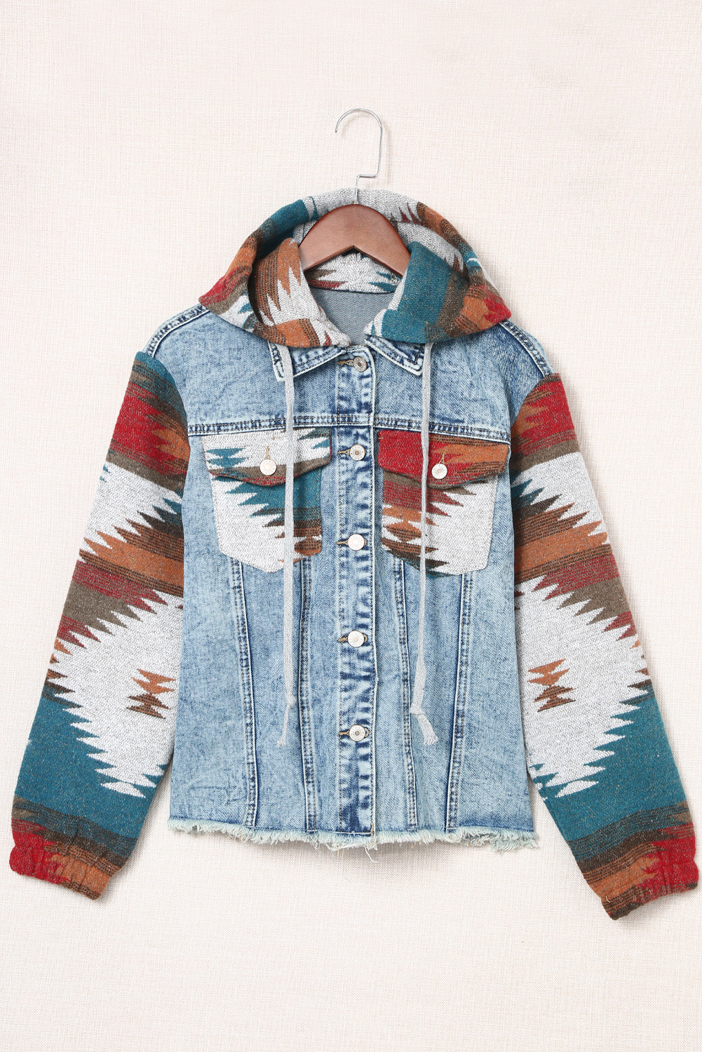 Multicolor Aztec Print Frayed Hem Denim Jacket - Premium Outerwear from Momma Done Gone Crafty- Just $46.00! Shop now at Momma Done Gone Crafty