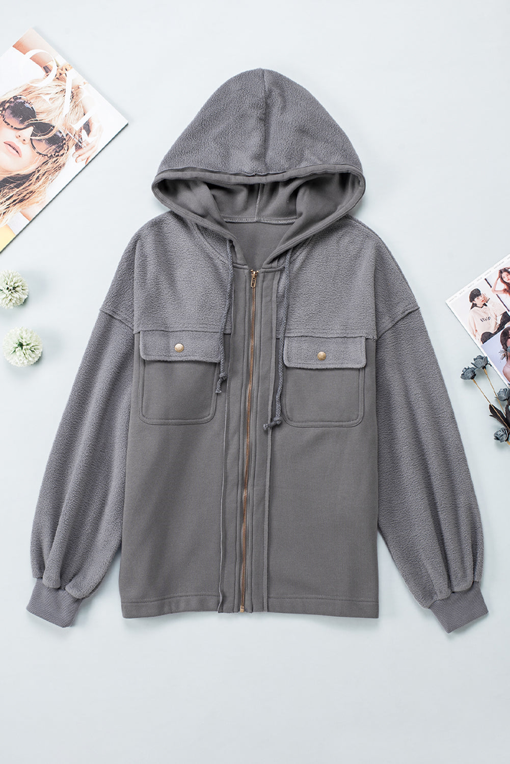 Gray Flap Pocket Drawstring Hood Zip Up Jacket - Premium Outerwear from Momma Done Gone Crafty- Just $38.99! Shop now at Momma Done Gone Crafty