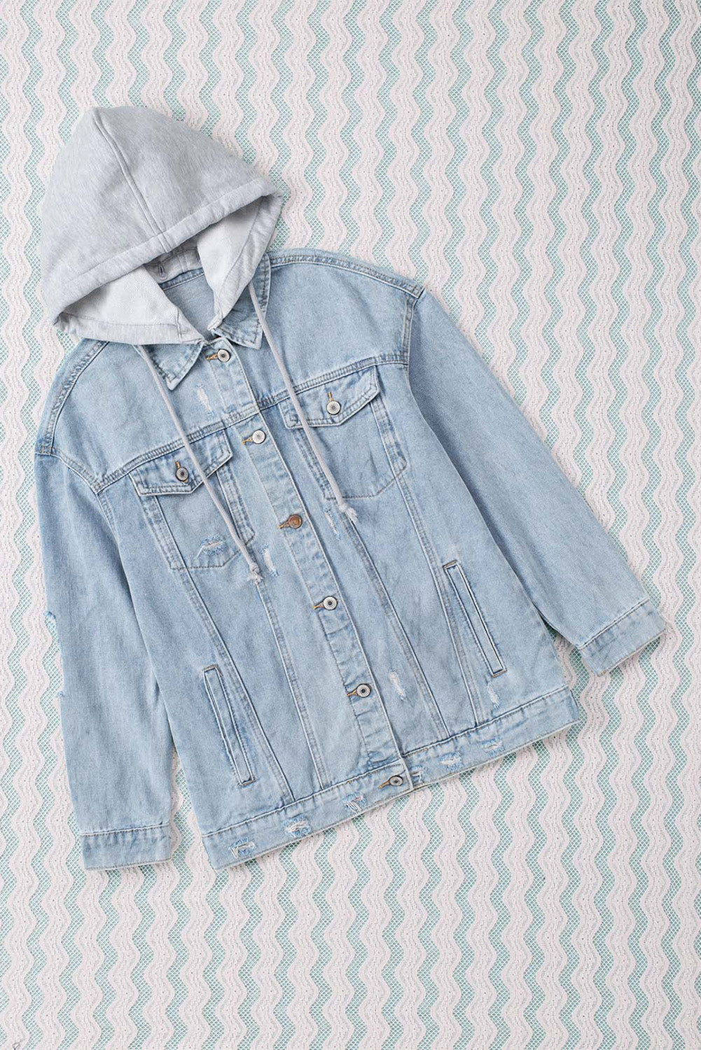 Sky Blue Button Closure Ripped Hooded Denim Jacket - Premium Outerwear from Momma Done Gone Crafty- Just $60.00! Shop now at Momma Done Gone Crafty