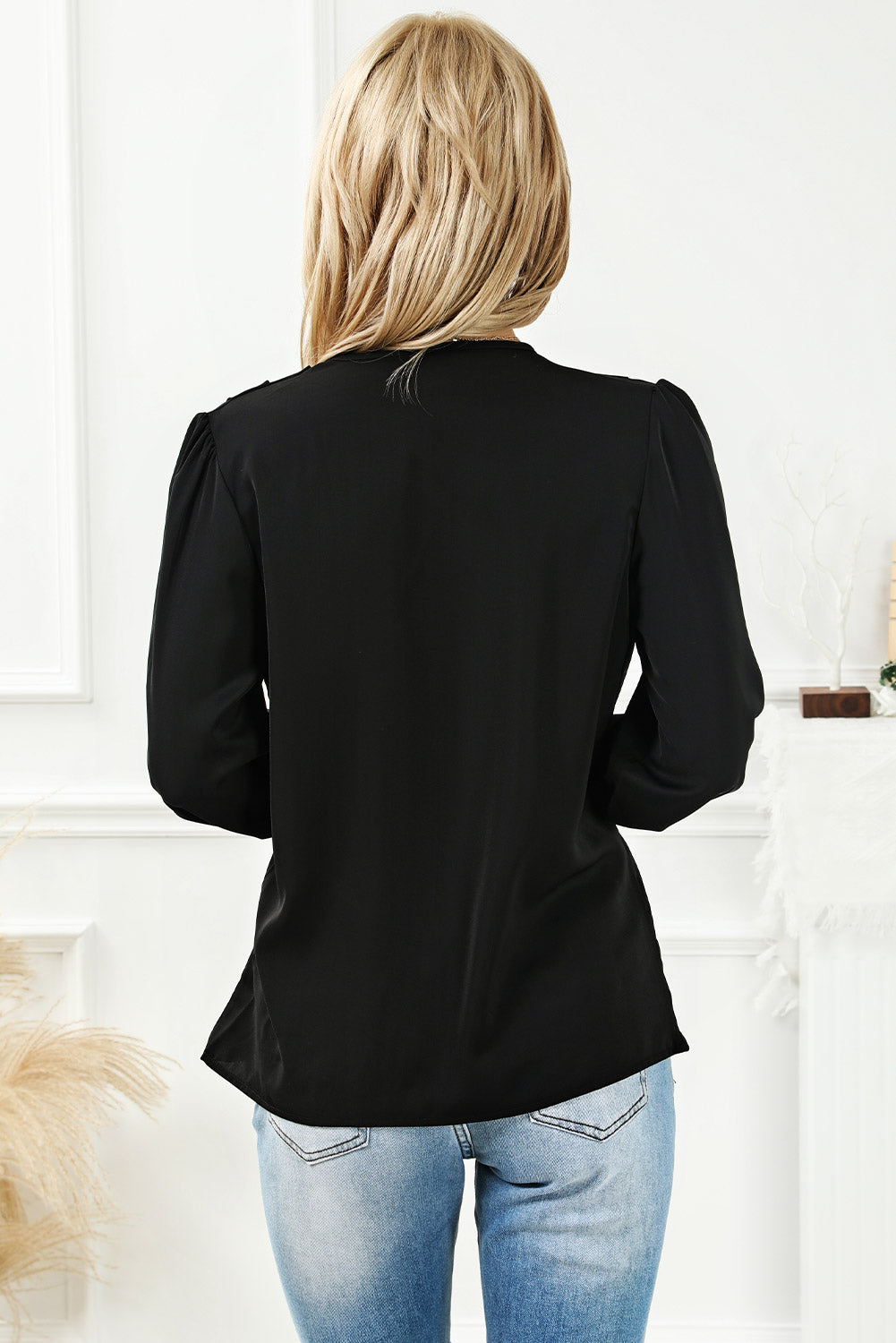 Black Solid Surplice Neck Shirred Cuffs Draped Blouse - Premium Tops from Momma Done Gone Crafty- Just $31.80! Shop now at Momma Done Gone Crafty