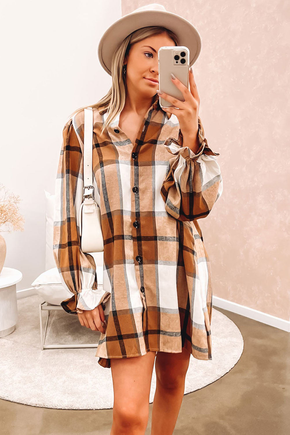 Khaki Plaid Pattern Collared Neck Ruffled Sleeve Shirt Dress - Premium Dresses from Momma Done Gone Crafty- Just $23.70! Shop now at Momma Done Gone Crafty