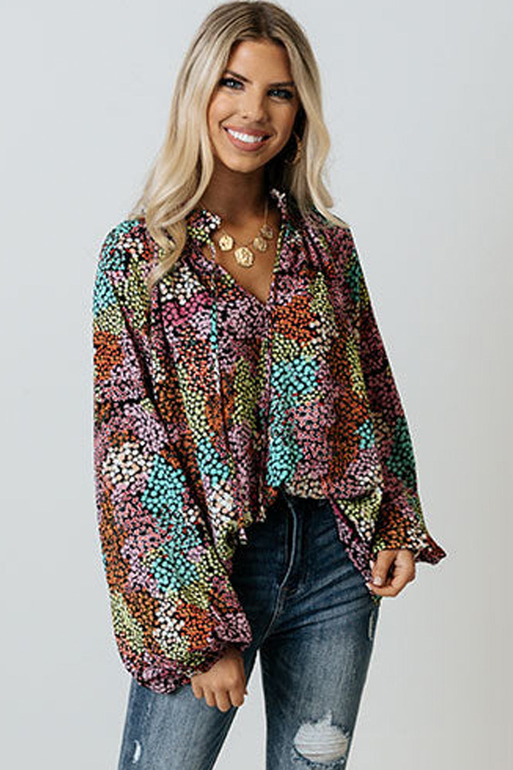 Multicolor Vibrant Floral Tie V Neck Puff Sleeve Blouse - Premium Tops from Momma Done Gone Crafty- Just $34.00! Shop now at Momma Done Gone Crafty