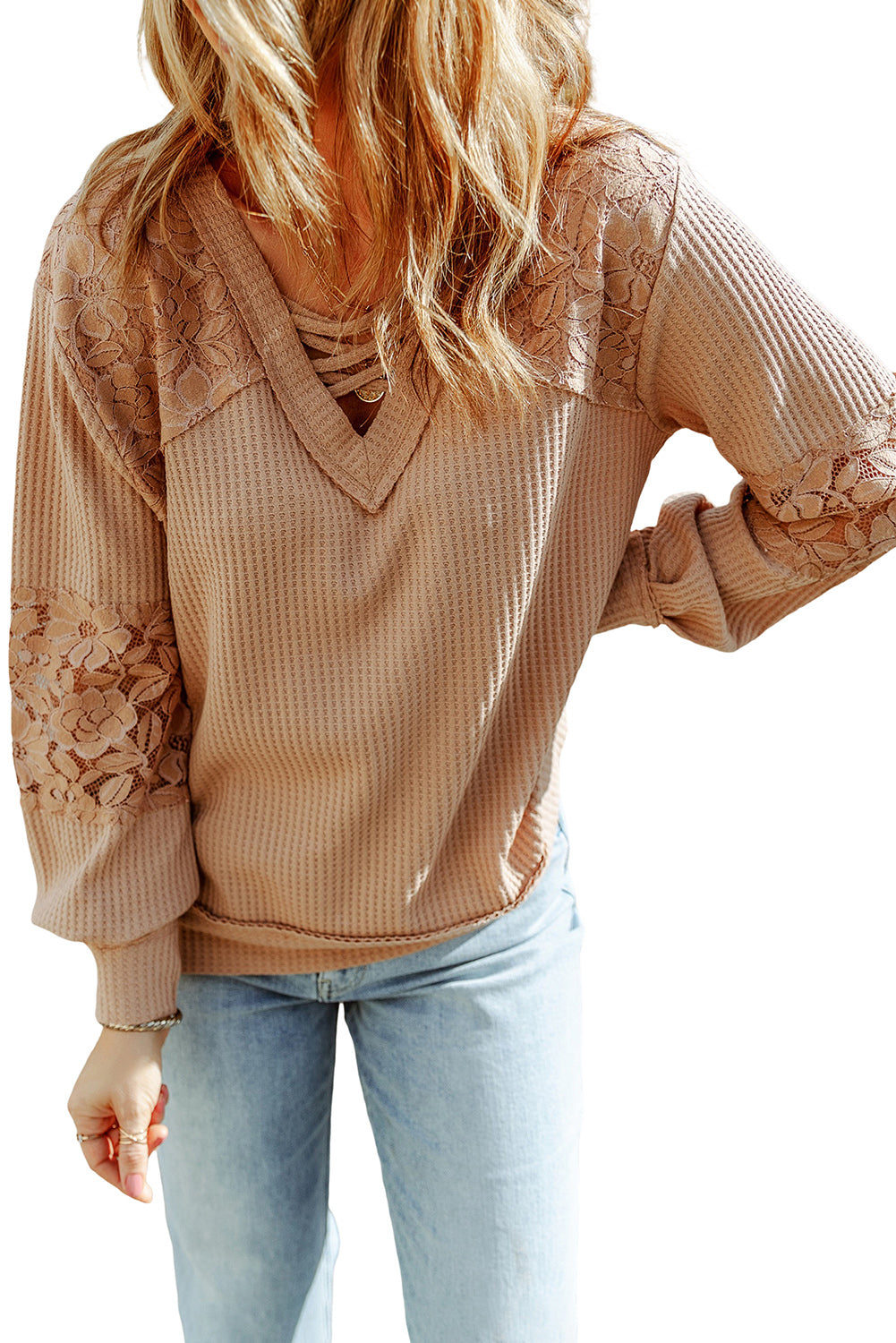 Apricot Lace Waffle Patchwork Strappy V Neck Long Sleeve Top - Premium Tops from Momma Done Gone Crafty- Just $23.10! Shop now at Momma Done Gone Crafty