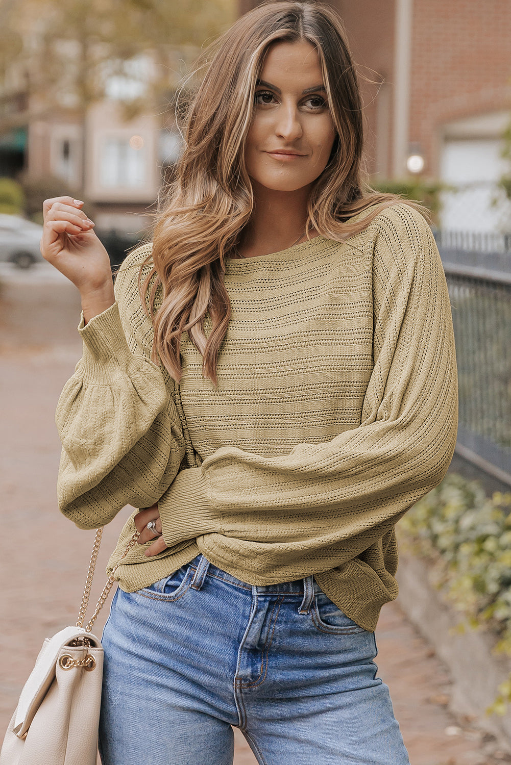 Apricot Lantern Sleeve Eyelets Textured Knit Sweater - Premium Tops from Momma Done Gone Crafty- Just $37.20! Shop now at Momma Done Gone Crafty