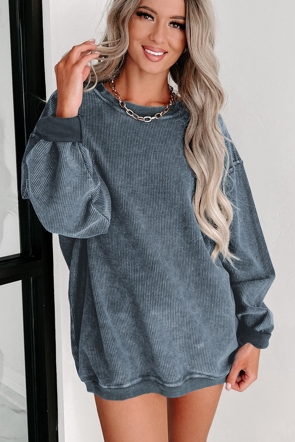 Blue Solid Ribbed Knit Round Neck Pullover Sweatshirt - Premium Tops from Momma Done Gone Crafty- Just $40.99! Shop now at Momma Done Gone Crafty