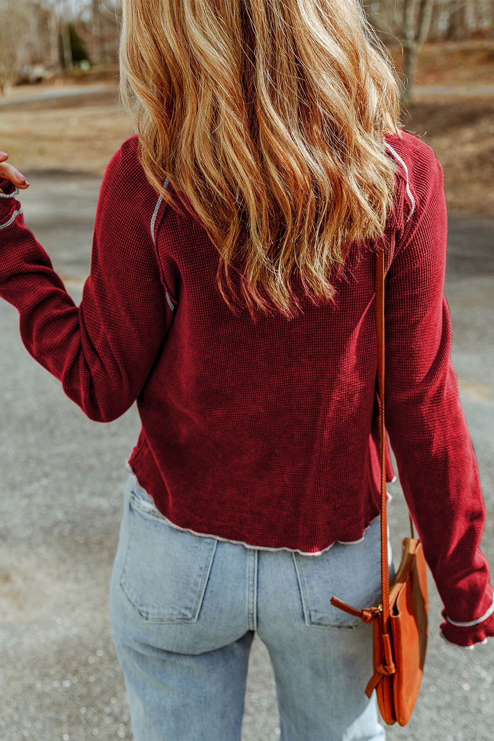 Red Textured Round Neck Long Sleeve Top - Premium Tops from Momma Done Gone Crafty- Just $13.20! Shop now at Momma Done Gone Crafty