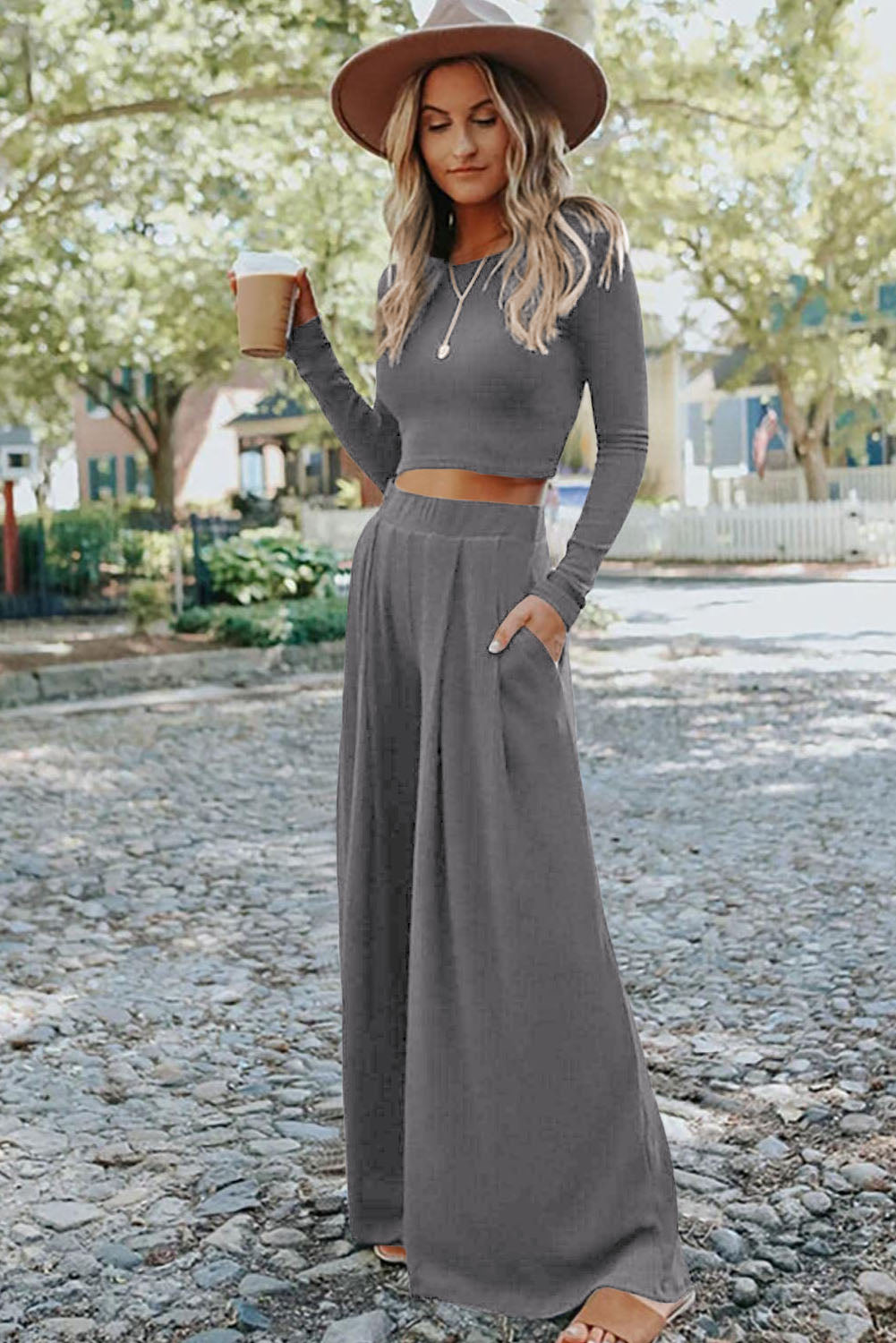 Gray Solid Color Ribbed Crop Top Long Pants Set - Premium Loungewear from Momma Done Gone Crafty- Just $65.94! Shop now at Momma Done Gone Crafty