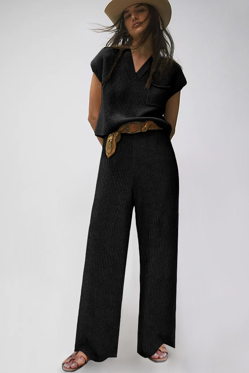 Black Knitted V Neck Sweater and Casual Pants Set - Premium Loungewear from Momma Done Gone Crafty- Just $82.26! Shop now at Momma Done Gone Crafty