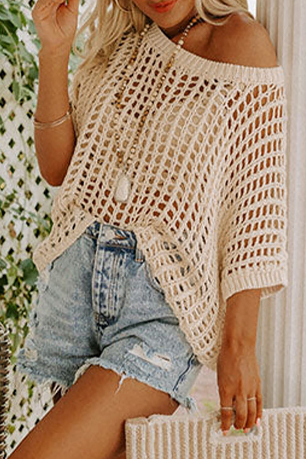 Apricot Fishnet Knit Ribbed Round Neck Short Sleeve Sweater Tee - Premium Tops from Momma Done Gone Crafty- Just $22.00! Shop now at Momma Done Gone Crafty