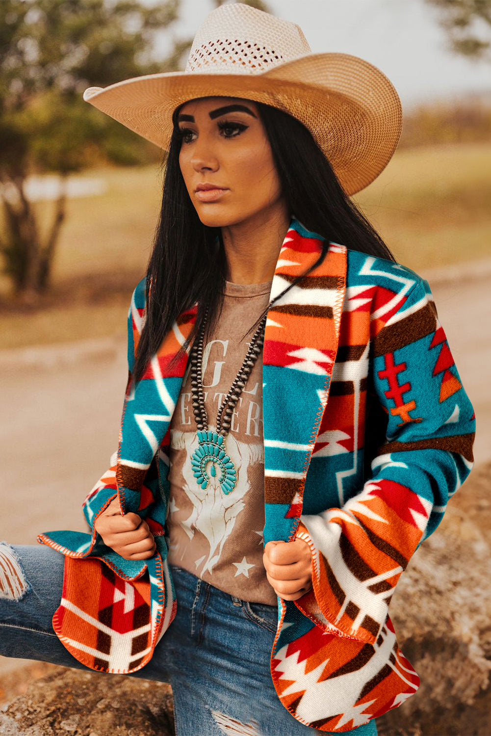 Sky Blue Aztec Printed Lapel Bell Sleeve Jacket - Premium Outerwear/Jackets from Momma Done Gone Crafty- Just $37.99! Shop now at Momma Done Gone Crafty