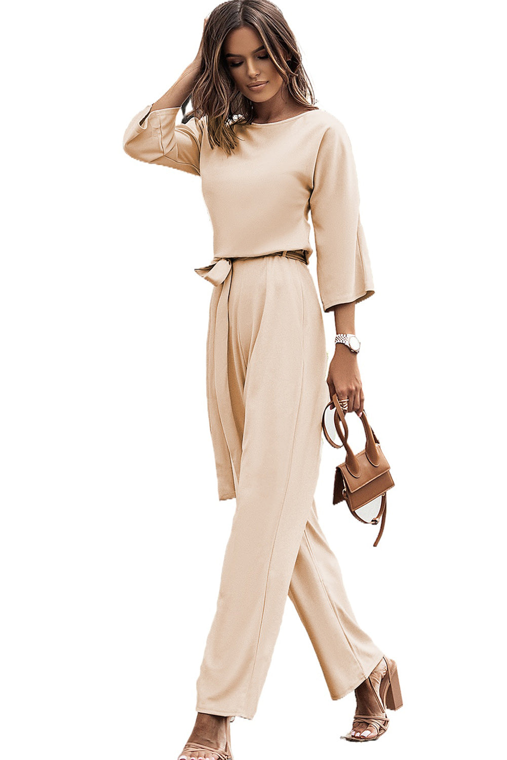 Apricot Bracelet Sleeve Waist Tie Wide Leg Jumpsuit - Premium Bottoms from Momma Done Gone Crafty- Just $44.10! Shop now at Momma Done Gone Crafty