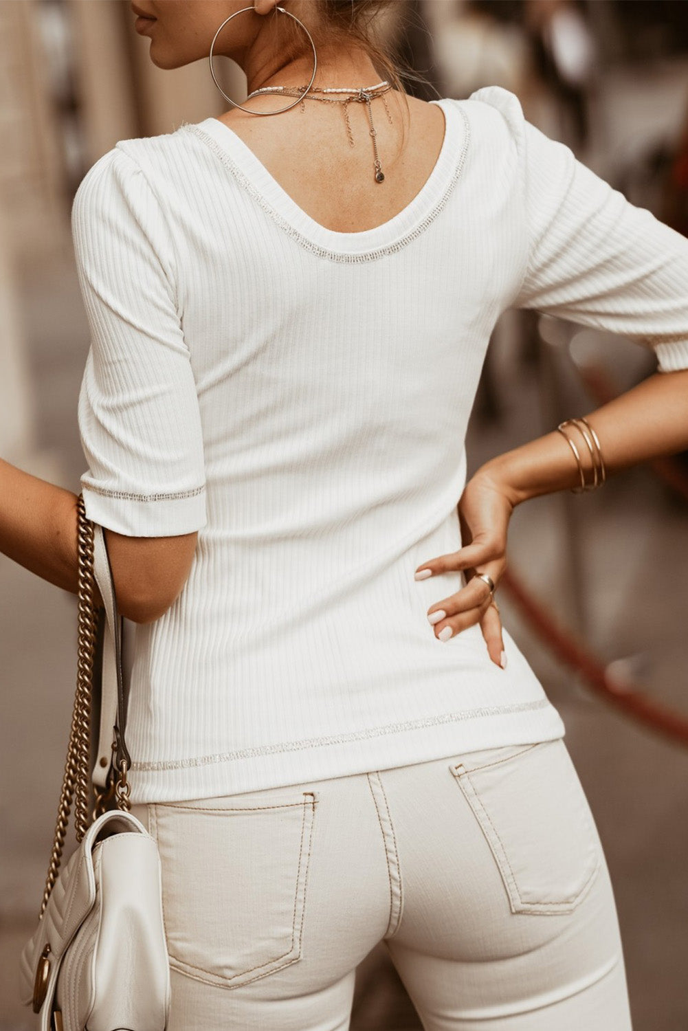 White Round Neck Half Sleeve Ribbed Knit Top - Premium Tops from Momma Done Gone Crafty- Just $56.70! Shop now at Momma Done Gone Crafty