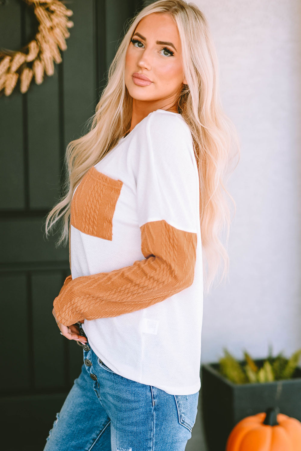 Orange Long Sleeve Colorblock Chest Pocket Textured Knit Top - Premium Tops from Momma Done Gone Crafty- Just $19.20! Shop now at Momma Done Gone Crafty