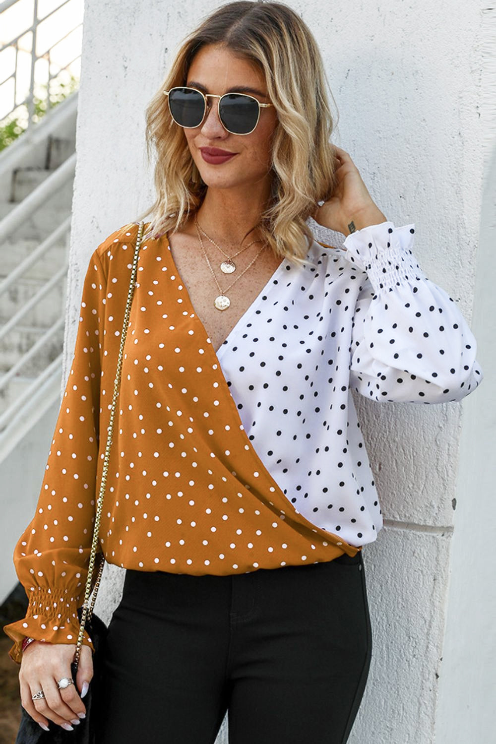 Polka Dot Surplice Neck Lantern Sleeve Blouse - Premium  from Momma Done Gone Crafty- Just $22.99! Shop now at Momma Done Gone Crafty