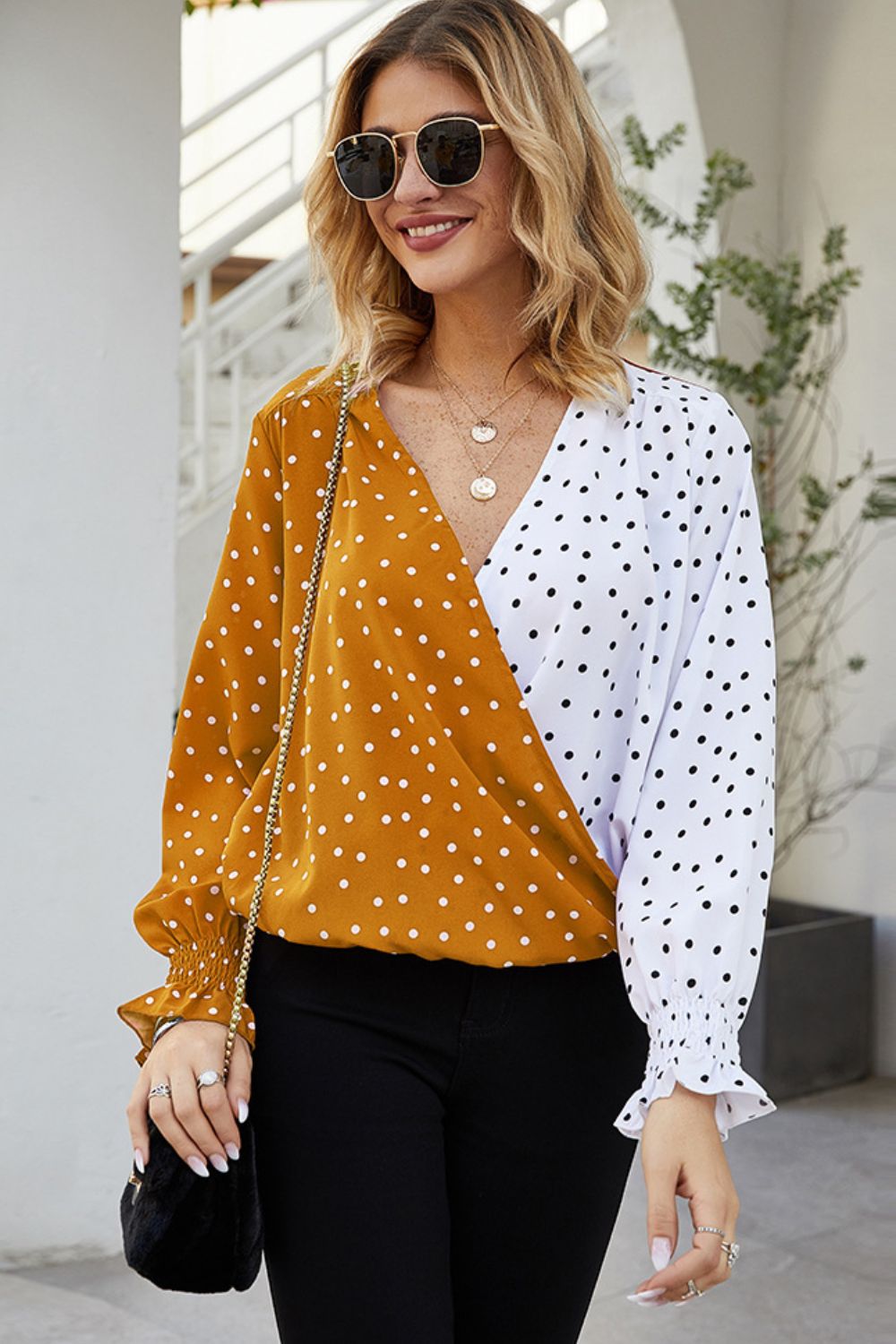 Polka Dot Surplice Neck Lantern Sleeve Blouse - Premium  from Momma Done Gone Crafty- Just $22.99! Shop now at Momma Done Gone Crafty