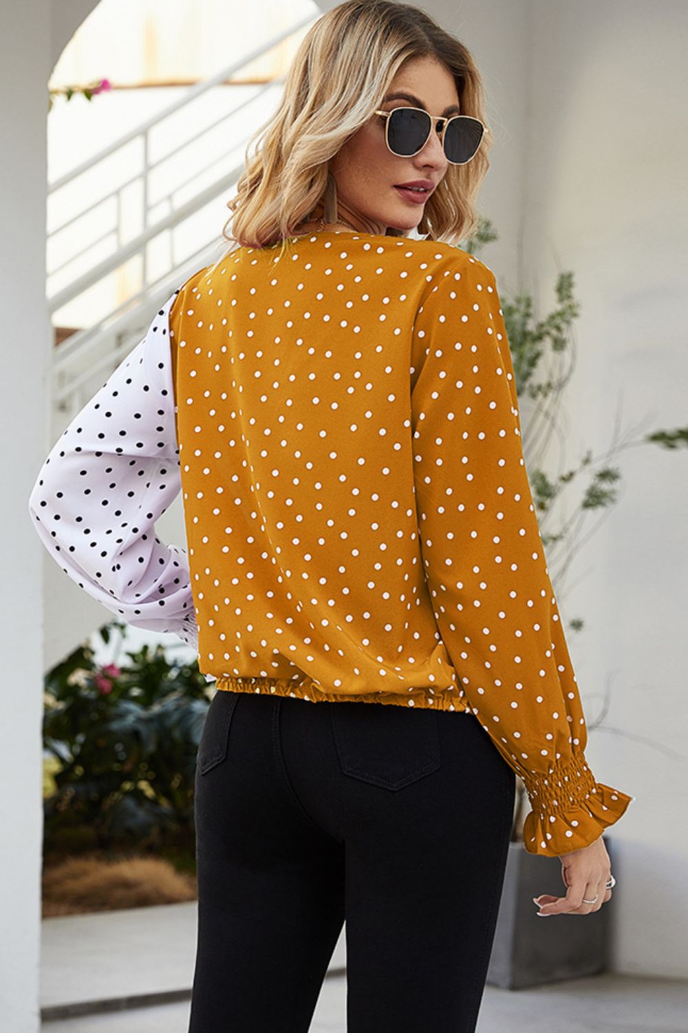 Polka Dot Surplice Neck Lantern Sleeve Blouse - Premium  from Momma Done Gone Crafty- Just $22.99! Shop now at Momma Done Gone Crafty